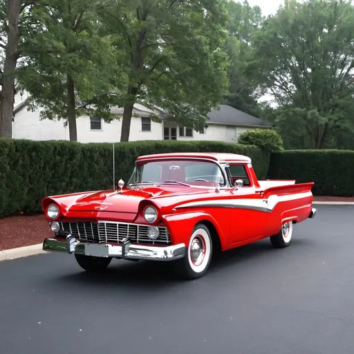 Prompt: 1957 Ford Ranchero fully restored in Candy Apple Red with white accents