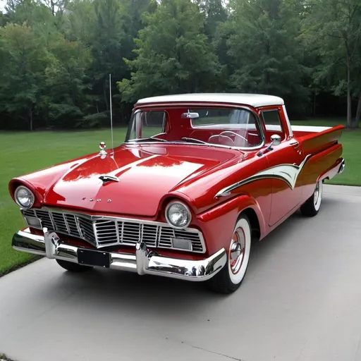 Prompt: 1957 Ford Ranchero fully restored in Candy Apple Red with white accents