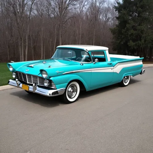 Prompt: 1957 Ford Ranchero fully restored in Robin Eggs Blue with white accents.