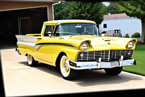 Prompt: 1957 Ford Ranchero fully restored in yellow with black highlights