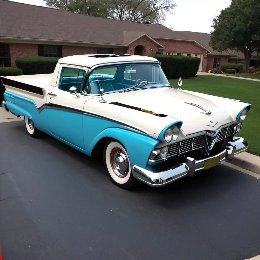 Prompt: 1957 Ford Ranchero fully restored in white with Robin Eggs Blueaccents.