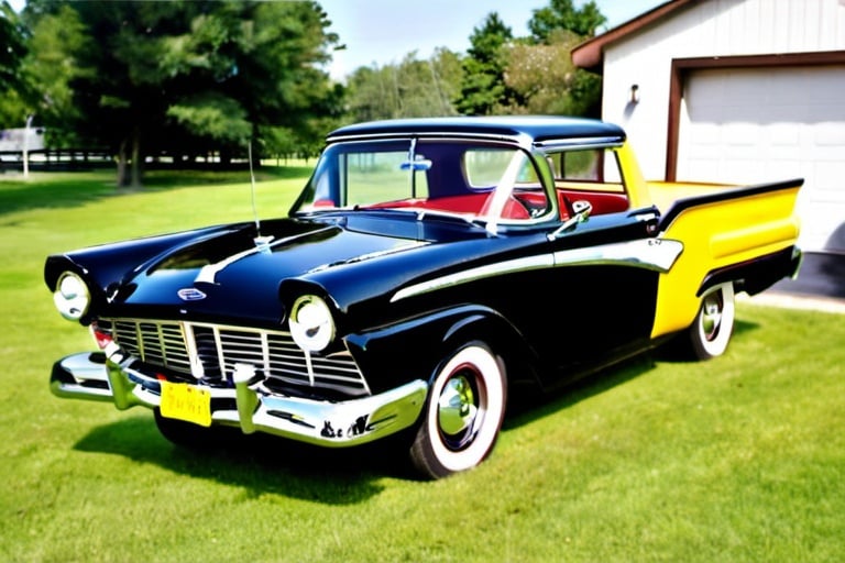 Prompt: 1957 Ford Ranchero fully restored in yellow with black highlights