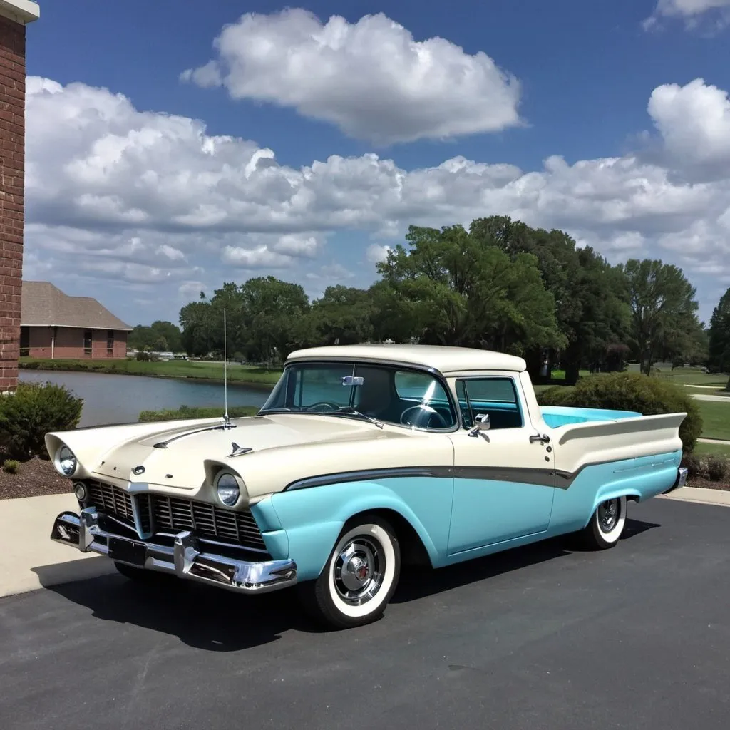 Prompt: 1957 Ford Ranchero fully restored in white with Robin Eggs Blueaccents.
