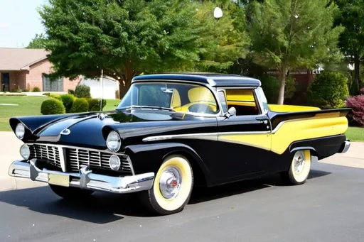 Prompt: 1957 Ford Ranchero fully restored in Black with yellow highlights