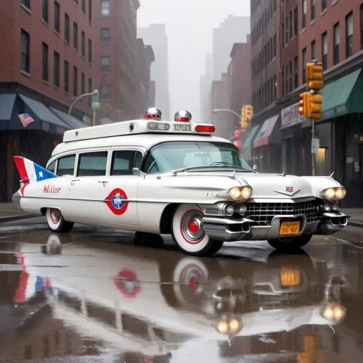 Prompt: "Create a scene of a 1959 Cadillac Miller-Meteor Sentinel Ambulance, with a broken bat symbol akin to the Ghostbusters logo on the side of the car, and the car is wrapped in an American flag style wrap, parked on a rain-soaked city street. From the side”