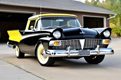 Prompt: 1957 Ford Ranchero fully restored in Black with yellow highlights