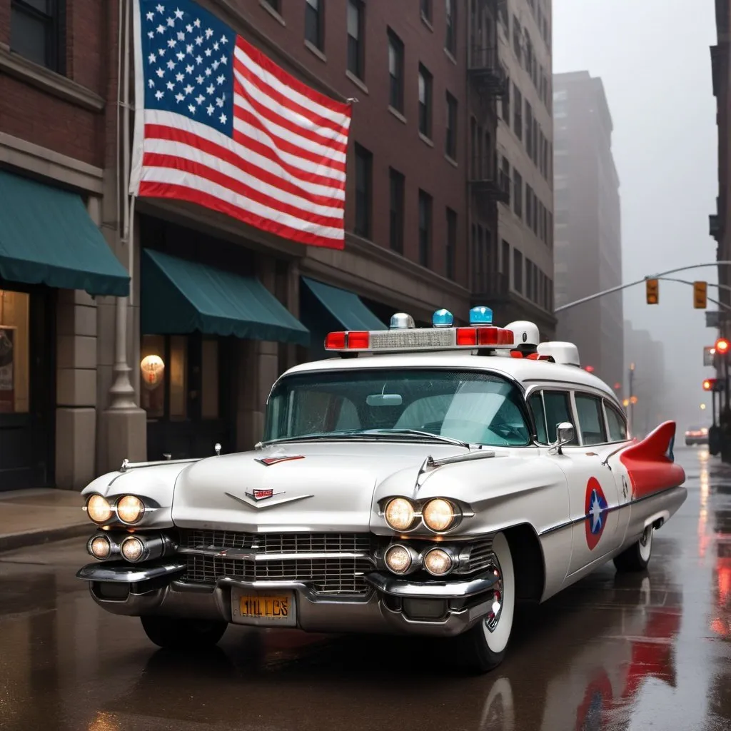 Prompt: "Create a scene of a 1959 Cadillac Miller-Meteor Sentinel Ambulance, with a broken bat symbol akin to the Ghostbusters logo on the side, wrapped in an American flag, parked on a rain-soaked city street."