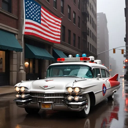 Prompt: "Create a scene of a 1959 Cadillac Miller-Meteor Sentinel Ambulance, with a broken bat symbol akin to the Ghostbusters logo on the side, wrapped in an American flag, parked on a rain-soaked city street."