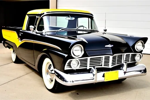 Prompt: 1957 Ford Ranchero fully restored in Black with yellow highlights