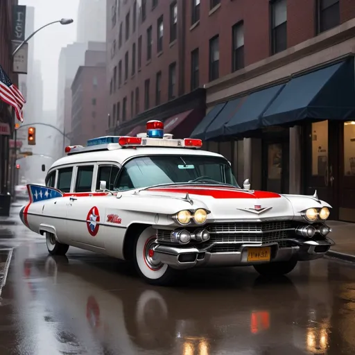 Prompt: "Create a scene of a 1959 Cadillac Miller-Meteor Sentinel Ambulance, with a broken bat symbol akin to the Ghostbusters logo on the side, wrapped in an American flag, parked on a rain-soaked city street."