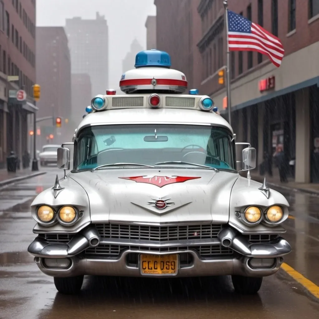 Prompt: "Create a scene of a 1959 Cadillac Miller-Meteor Sentinel Ambulance, with a broken bat symbol akin to the Ghostbusters logo on the side of the car, and the car is wrapped in an American flag style wrap, parked on a rain-soaked city street. From the side”