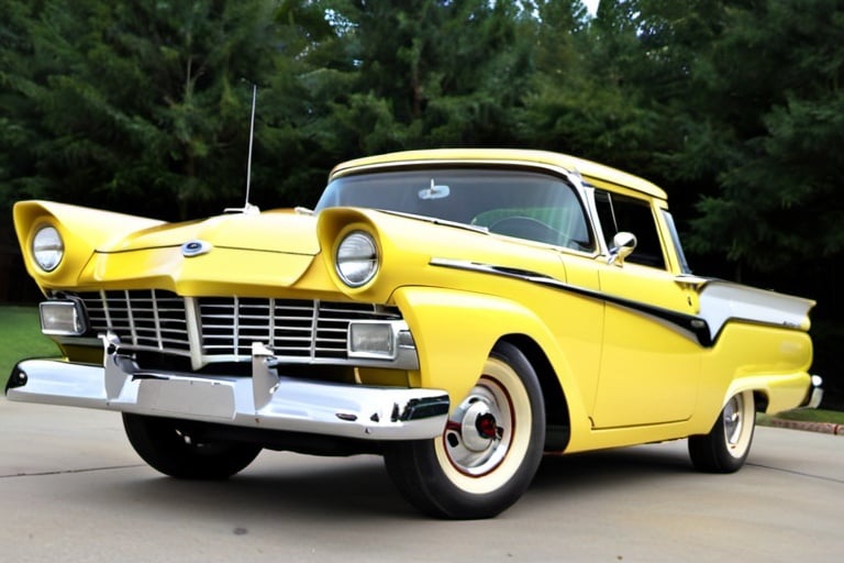 Prompt: 1957 Ford Ranchero fully restored in yellow with black highlights