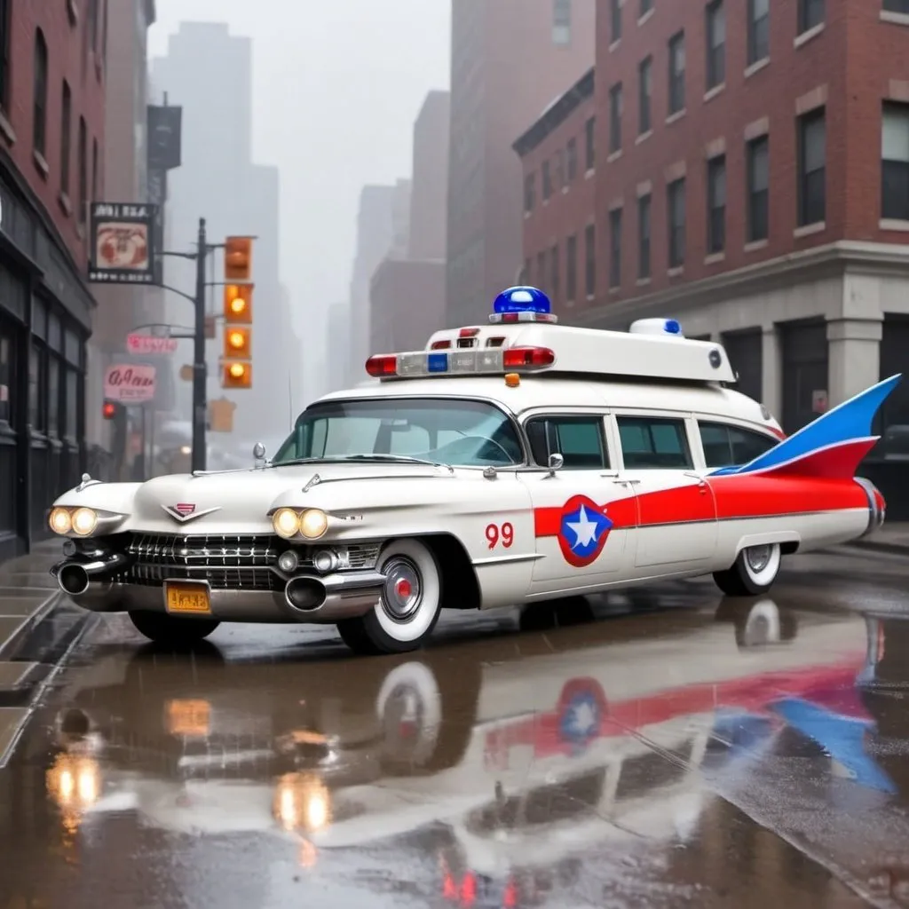 Prompt: "Create a scene of a 1959 Cadillac Miller-Meteor Sentinel Ambulance, with a broken bat symbol akin to the Ghostbusters logo on the side of the car, and the car is wrapped in an American flag style wrap, parked on a rain-soaked city street. From the side”