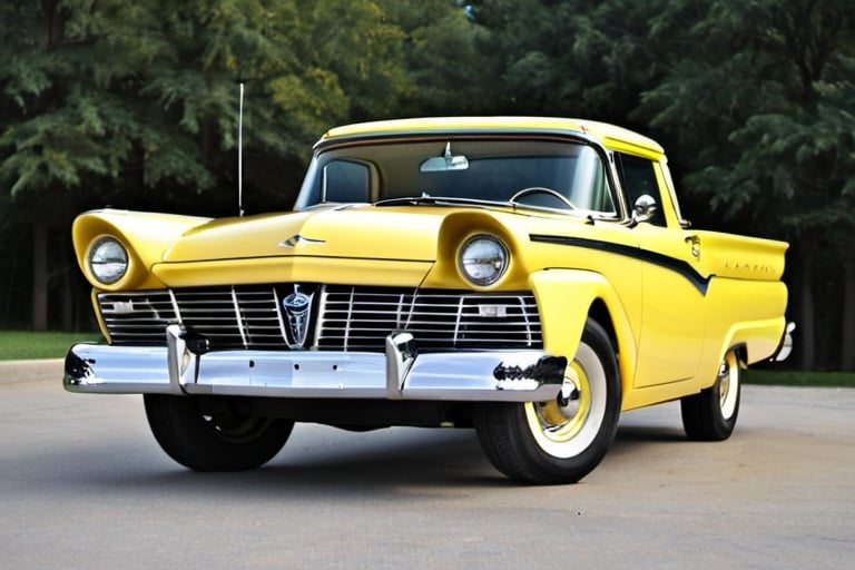 Prompt: 1957 Ford Ranchero fully restored in yellow with black highlights