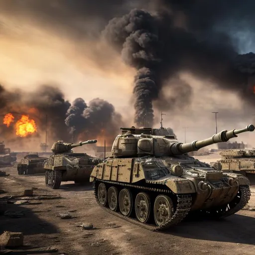 Prompt: Photorealistic urban Middle Eastern war zone, tanks, bombs, distant ships on the horizon, dusty and gritty atmosphere, high quality, photorealistic, war-torn, detailed tanks, intense destruction, gritty urban setting, distant ships, professional, atmospheric lighting, realistic, chaotic environment, intense details, military vehicles, dusty atmosphere