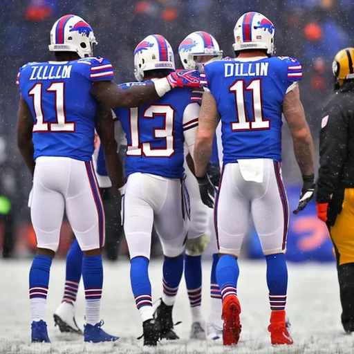 Prompt: The Buffalo Bills NFL Football Team is destroying the Pittsburg Steelers NFL football team on a snowy field in Orchard Park, New York Highmark Field there are Blizzard conditions on the field and the Buffalo Bills are winning the game. Josh Allen and Stefon Diggs and Jordan Poyer are celebrating and dominating the field