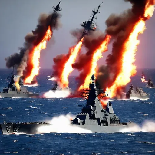 Prompt: a seascape of many modern warships burning with flaming swords raining down into the sea. fighter jets fly over the bay.