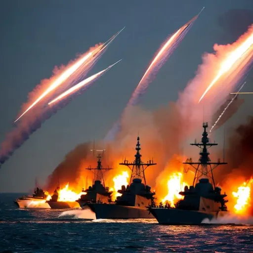 Prompt: a seascape of many modern warships burning with flaming swords raining down into the sea. fighter jets fly over the bay.