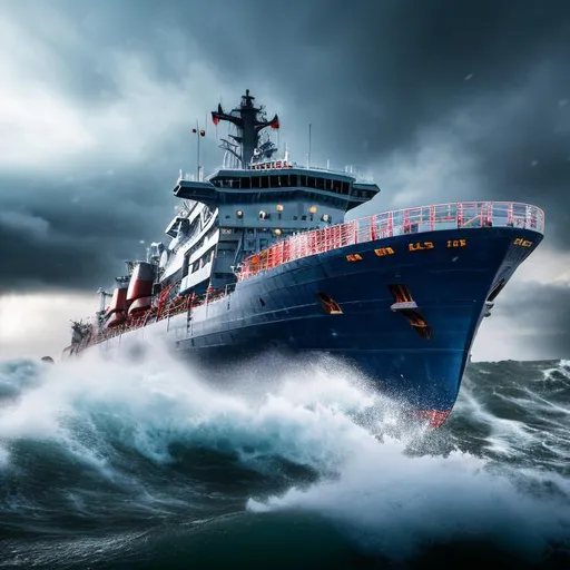 Prompt: Ship battling winter blizzard, massive waves, strong winds, high-res, realistic, intense blizzard, detailed ship structure, freezing cold, dramatic lighting, stormy seas, snow-covered vessel, dynamic waves, atmospheric, turbulent ocean, freezing temperatures, realistic snowstorm, high-quality rendering