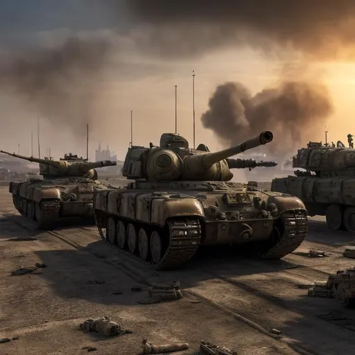 Prompt: Photorealistic urban Middle Eastern war zone, tanks, bombs, distant ships on the horizon, dusty and gritty atmosphere, high quality, photorealistic, war-torn, detailed tanks, intense destruction, gritty urban setting, distant ships, professional, atmospheric lighting, realistic, chaotic environment, intense details, military vehicles, dusty atmosphere