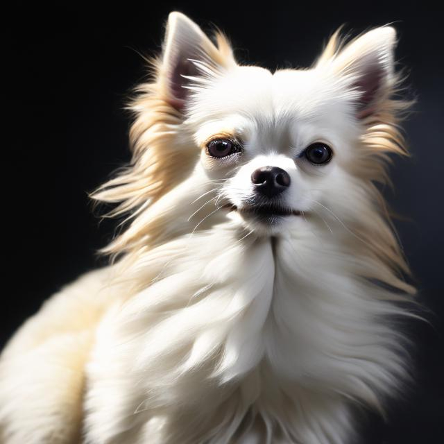 Prompt: Photorealistic white longhaired Chihuahua, oil painting, ultra-realistic fur texture, detailed facial features, high quality, photorealism, warm natural lighting, soft and delicate brushstrokes, lifelike eyes, realistic pet portrait, professional artist, detailed nose and mouth, high resolution, oil painting, realistic, warm lighting