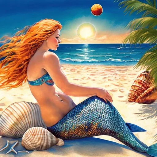 Prompt: a beach scene with a mermaid on a shell with an eclipsed sun