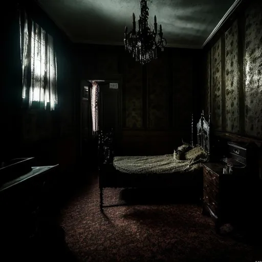 Prompt: Scary room with haunted bed and ghost in closet, eerie atmosphere, dark and shadowy, chilling details, horror style, ghostly apparition, haunting presence, high contrast lighting, ominous shadows, supernatural, spooky, detailed textures, unsettling, horror, dark tones, ghostly figure, creepy, claustrophobic, chilling, best quality, highres, detailed, horror