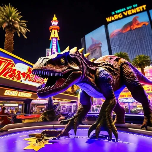 Prompt: paint a dinosaur on the las vegas strip. rockets fill the air with purple vapor trails that spells victory. slot machines and blackjack.