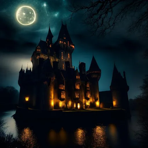 Prompt: Spooky castle at night, moat, stars in the sky, illuminated windows, atmospheric lighting, highres, detailed, eerie, gothic, cool tones, detailed architecture, professional, haunting atmosphere