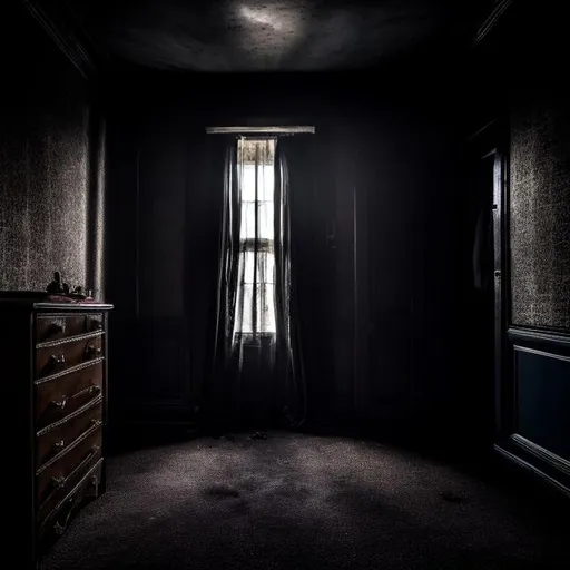 Prompt: Scary room with haunted bed and ghost in closet, eerie atmosphere, dark and shadowy, chilling details, horror style, ghostly apparition, haunting presence, high contrast lighting, ominous shadows, supernatural, spooky, detailed textures, unsettling, horror, dark tones, ghostly figure, creepy, claustrophobic, chilling, best quality, highres, detailed, horror