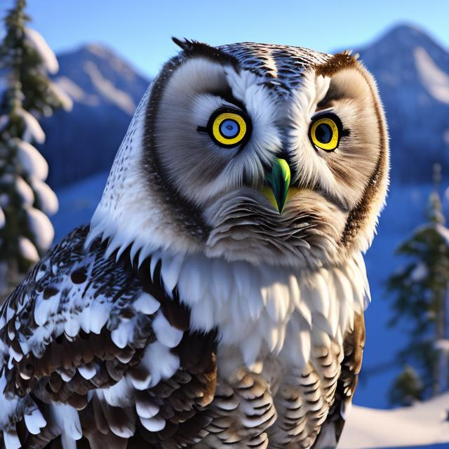 Prompt: High-quality 3D rendering of a majestic snow owl, piercing and detailed gaze, realistic feathers with intricate details, snowy mountain landscape, soft natural lighting, detailed eyes, realistic fur texture, focused expression, winter color palette, snowy atmosphere, ultra-realistic, 3D rendering, snowy landscape, detailed feathers, intense gaze, highres, winter colors, natural lighting