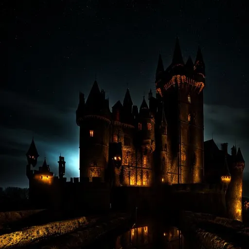 Prompt: Spooky castle at night, moat, stars in the sky, illuminated windows, atmospheric lighting, highres, detailed, eerie, gothic, cool tones, detailed architecture, professional, haunting atmosphere