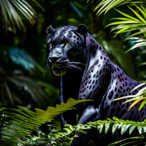 Prompt: Black jaguar in lush jungle, vibrant foliage, detailed fur with rich textures, piercing gaze, 4k ultra-detailed, realistic, vibrant colors, sunlight filtering through dense foliage, jungle, detailed eyes, sleek design, professional, natural lighting