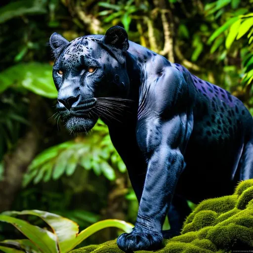 Prompt: Black jaguar in lush jungle, vibrant foliage, detailed fur with rich textures, piercing gaze, 4k ultra-detailed, realistic, vibrant colors, sunlight filtering through dense foliage, jungle, detailed eyes, sleek design, professional, natural lighting