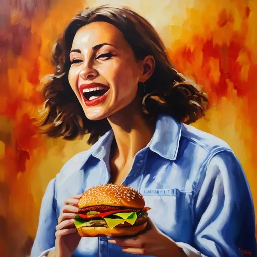 Prompt: Realistic oil painting of a confident woman, enjoying a juicy hamburger, vibrant colors, bold brushstrokes, high quality, realistic, detailed, joyful expression, rich textures, traditional art, warm tones, soft natural lighting