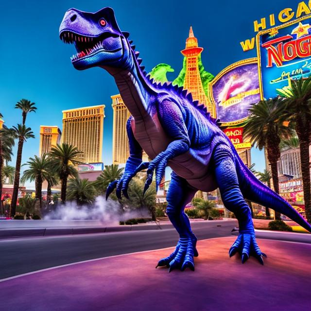 Prompt: paint a dinosaur on the las vegas strip. rockets fill the air with purple vapor trails that spells victory. slot machines and blackjack.