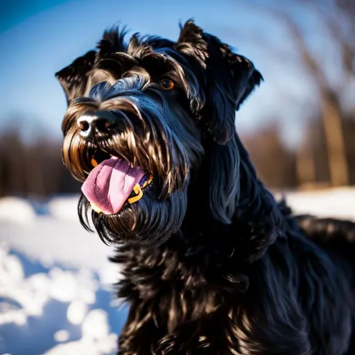 Prompt: Photorealistic giant schnauzer with a smiling expression, perfectly groomed fur, snowclouds, snowbanks, high quality, photorealistic, detailed fur, happy expression, snowy landscape, realistic lighting