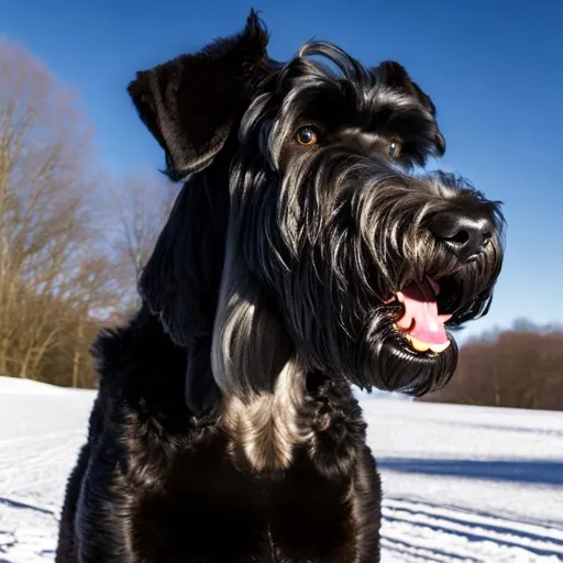 Prompt: Photorealistic giant schnauzer with a smiling expression, perfectly groomed fur, snowclouds, snowbanks, high quality, photorealistic, detailed fur, happy expression, snowy landscape, realistic lighting