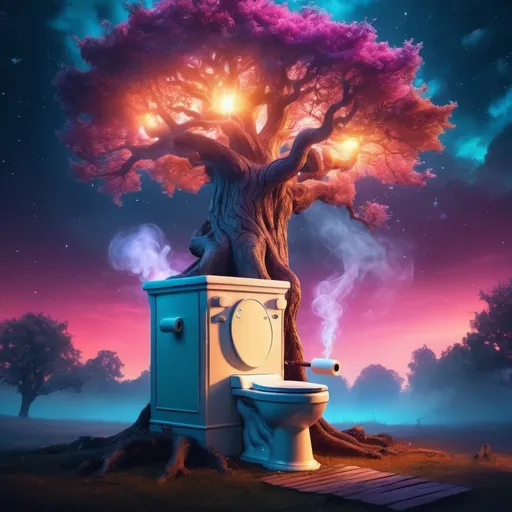 Prompt: (Skibidi Toilet and mystical tree smoking a cigarette), whimsical scene, fantasy setting, vibrant colors, fantastical background with otherworldly elements, surreal atmosphere, glowing aura around the tree, night sky with twinkling stars, ultra-detailed, 4K quality, intricate textures, high contrast, deep shadows, dreamlike emotion, misty environment, mysterious vibe, soft lighting, vivid hues, ethereal.