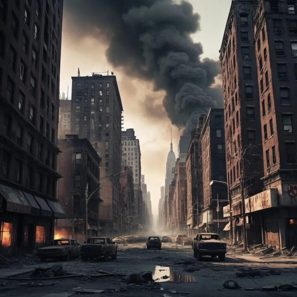 Prompt: Post apocalyptic city , mysterious , dark , NYC , sighs of pandemic apocalypse and napalm use