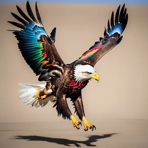 Prompt: un aguila multicolor descendiendo sobre un perro