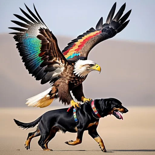 Prompt: un aguila multicolor descendiendo sobre un perro