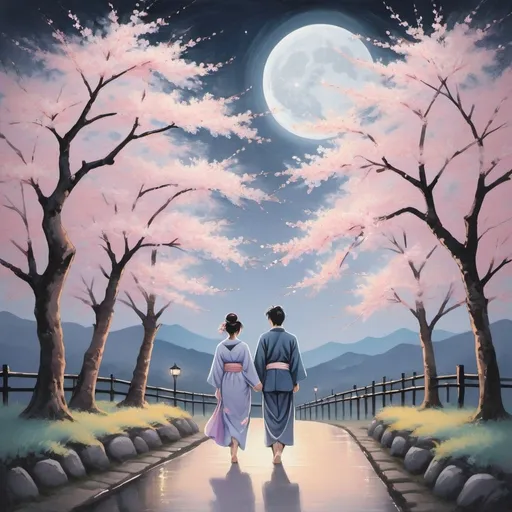 Prompt: Romantic, serene night scene, traditional Japanese art style, cherry blossoms in full bloom, couple walking hand in hand, soft pastel colors, moonlit sky, high quality, serene, traditional art style, cherry blossoms, romantic atmosphere, moonlit night, couple walking, pastel colors