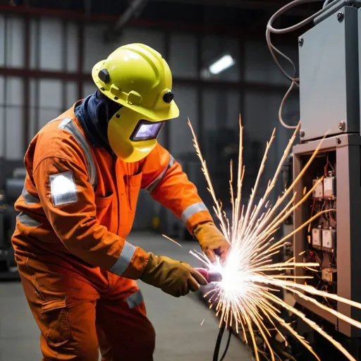 Prompt: A worker working in an electrical power plant wearing an arc flash safety suit. there is an small flash in the background