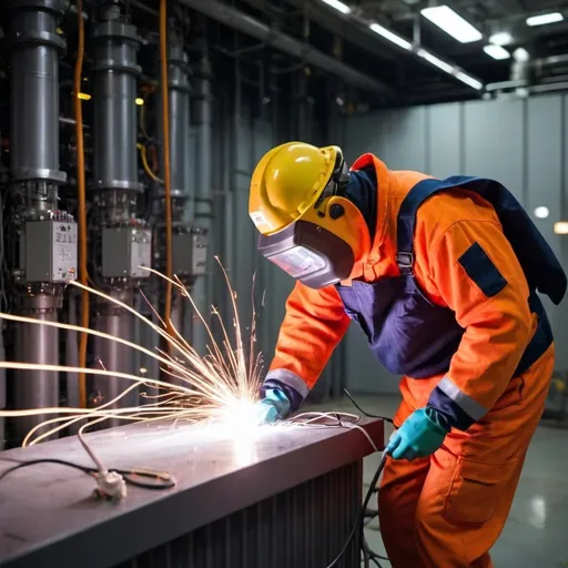 Prompt: A worker working in an electrical power plant wear an arc flash safety suit. there is an small flash in the background