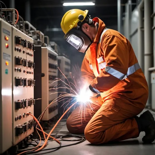 Prompt: A worker working in an electrical power plant wear an arc flash safety suit. there is an small flash in the background