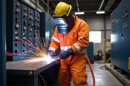 Prompt: A worker working in an electrical power plant wearing an arc flash safety suit. there is a small flash in the background.
the safety suit is navy in colour