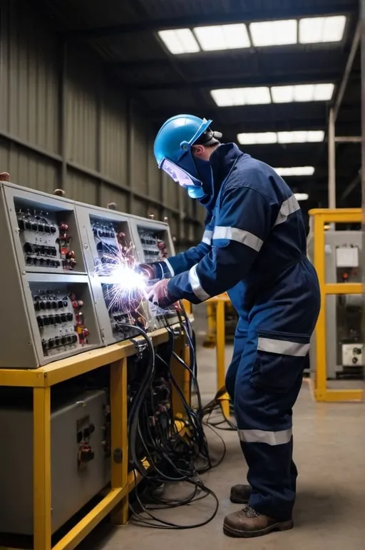 Prompt: A worker working in an electrical power plant wearing a navy colour arc flash safety suit. There is a small flash in the background.
