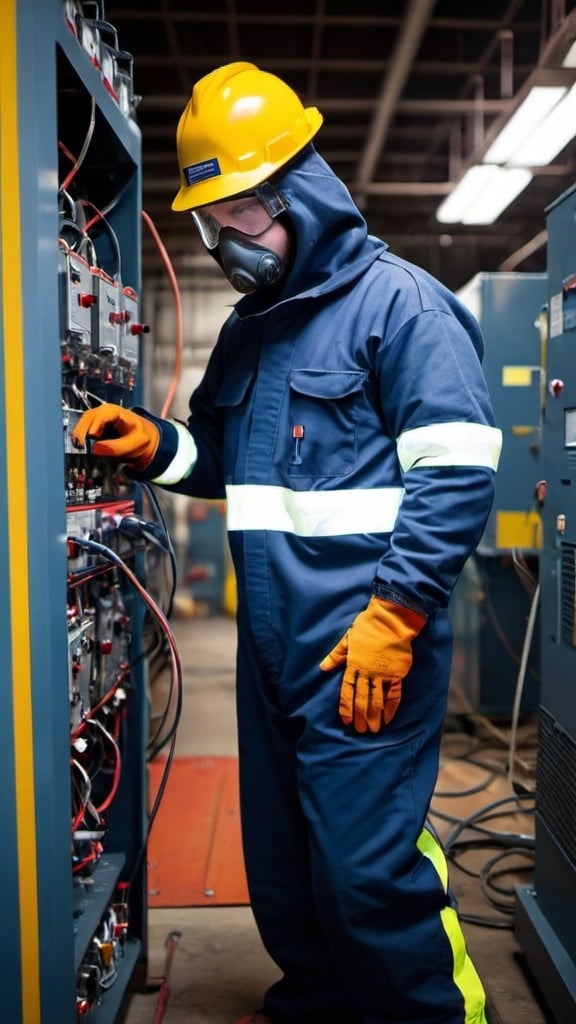 Prompt: A worker working in an electrical power plant wearing a navy colour arc flash safety suit. There is a small flash in the background.
