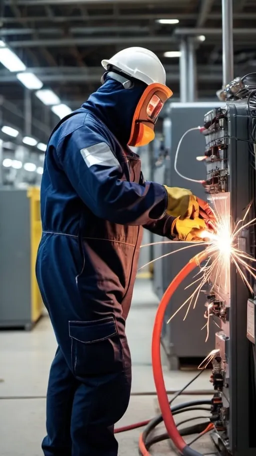 Prompt: A worker working in an electrical power plant wearing a navy colour arc flash safety suit. There is a small flash in the background.
